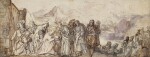 Christ Blessing a Kneeling Female Saint outside a city gate, with many onlookers