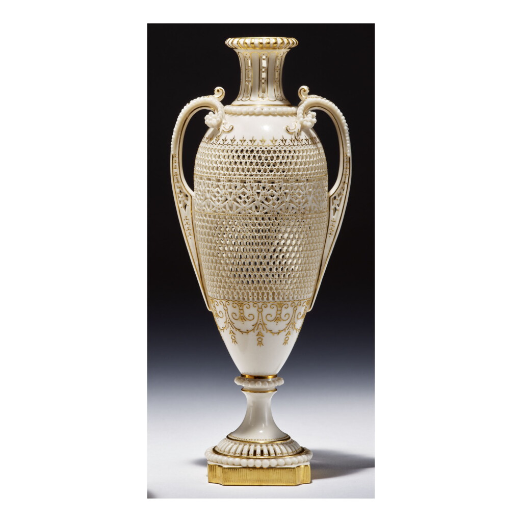 View full screen - View 1 of Lot 211. A ROYAL WORCESTER RETICULATED PORCELAIN TWO-HANDLED VASE BY GEORGE OWEN 1909.