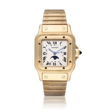 View full screen - View 1 of Lot 53. Reference 0318 Santos de Cartier | A yellow gold squared shaped bracelet watch with date and moon phase, Circa 2005.