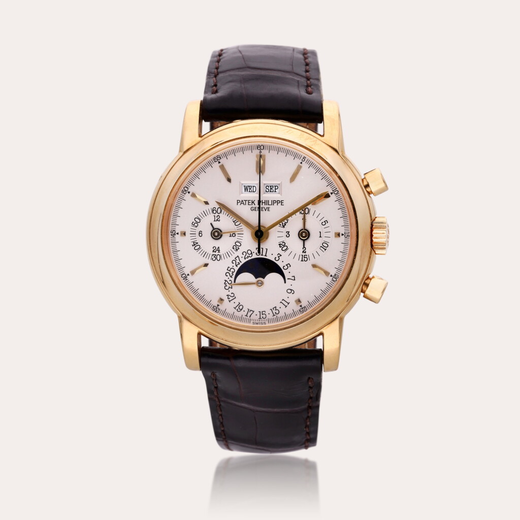 View full screen - View 1 of Lot 334. Reference 3970 E ‘Third Series’ | A yellow gold perpetual calendar chronograph wristwatch with moon phases, leap year, and 24 hour indication, Made in 1994.