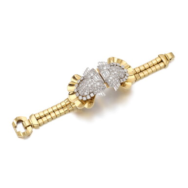 View full screen - View 1 of Lot 515. Diamond double clip/bracelet, circa 1937 | 卡地亞鑽石胸針一對/手鏈,年份約1937.
