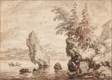 View full screen - View 1 of Lot 158. Rocky Coast with Figures in a Rowing Boat.