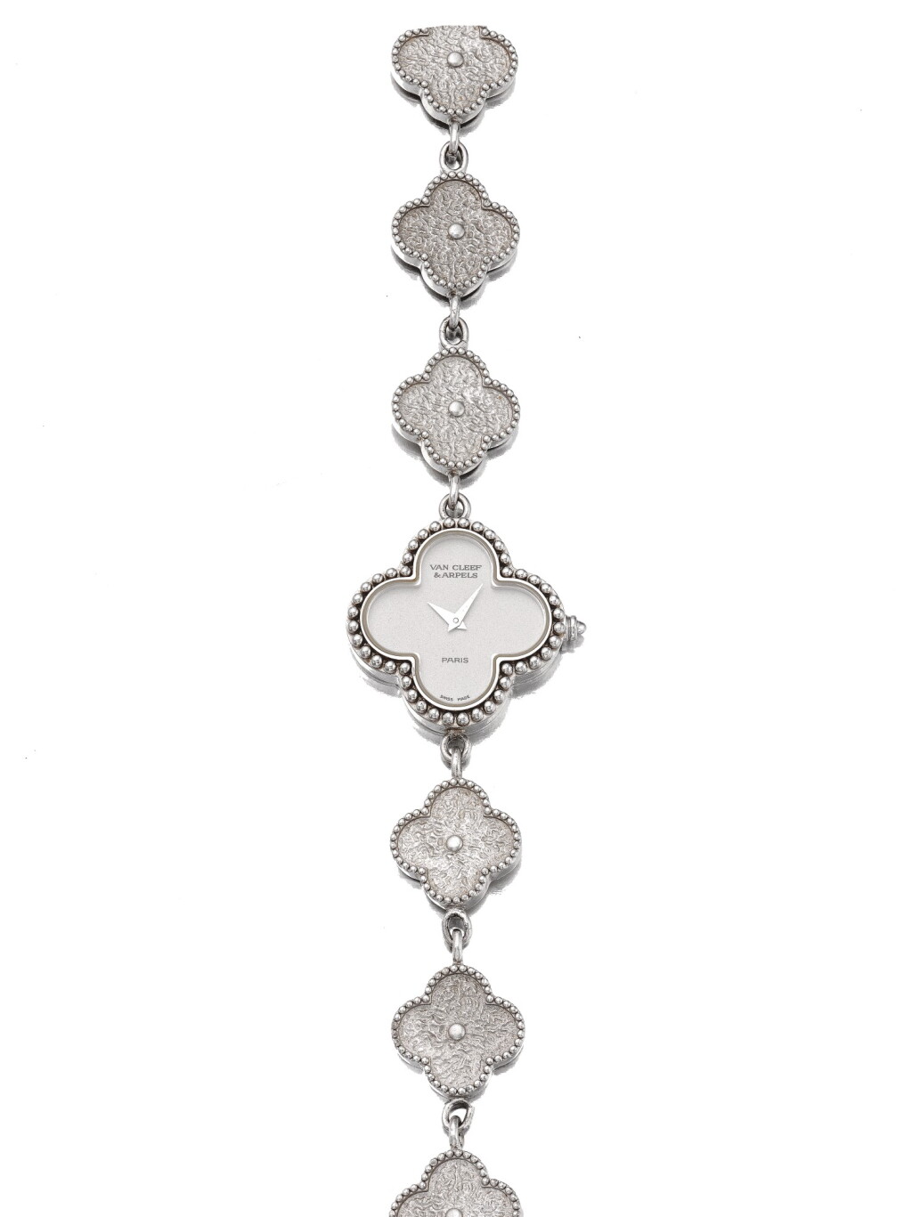 View full screen - View 1 of Lot 53. VAN CLEEF & ARPELS | REF 322974 ALHAMBRA, A WHITE GOLD BRACELET WATCH CIRCA 2000.