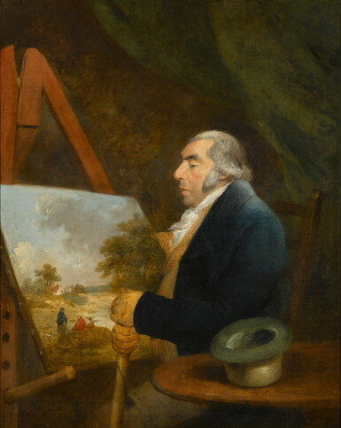 View full screen - View 1 of Lot 88. Portrait of a gentleman patron, three-quarter length, seated before a landscape painting.