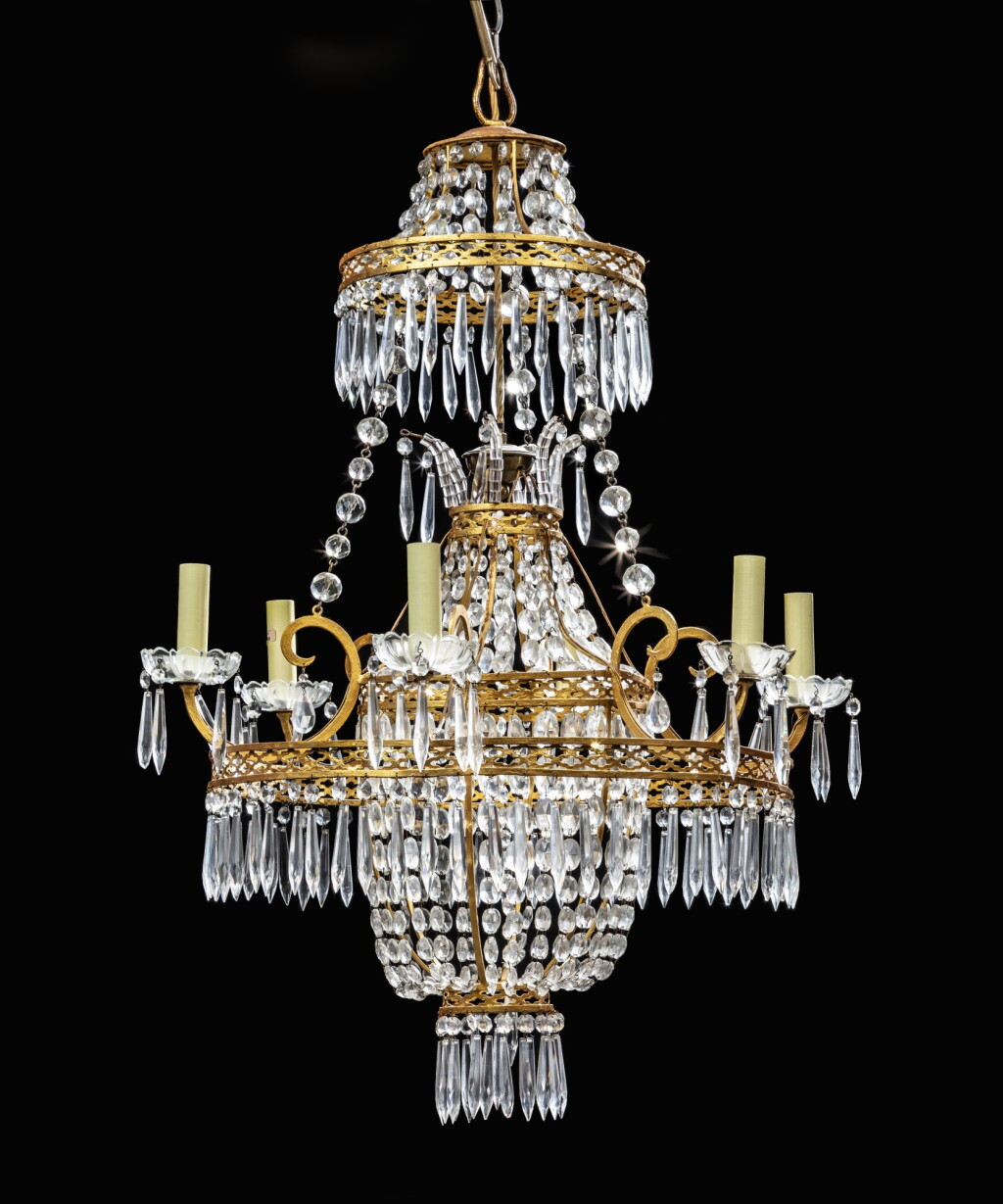 View full screen - View 1 of Lot 747. A North European glass and gilt-metal six-light chandelier, 19th century .