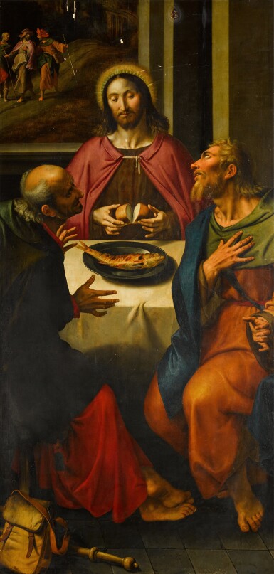 View full screen - View 1 of Lot 1. A double-sided altarpiece wing depicting The Supper at Emmaus and Saint Aubert, Bishop of Cambrai-Arras.