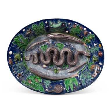 View full screen - View 1 of Lot 186. A Palissy-type moulded large dish "plat aux reptiles", circa 1600.
