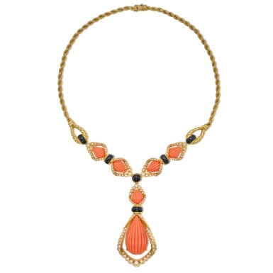 View full screen - View 1 of Lot 374. Coral, Onyx and Diamond Necklace.