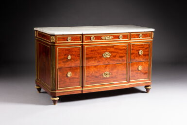 View full screen - View 1 of Lot 321. A large Louis XVI gilt-bronze mounted plum-pudding mahogany commode stamped by Jean-Henri Riesener, circa 1780 | Grande commode en acajou moucheté, monture de bronze doré, d'époque Louis XVI, estampille de Jean-Henri Riesener, vers 1780.