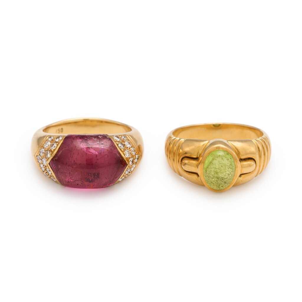 View full screen - View 1 of Lot 215. Tourmaline and diamond ring, 'Tronchetto' and a peridot ring.