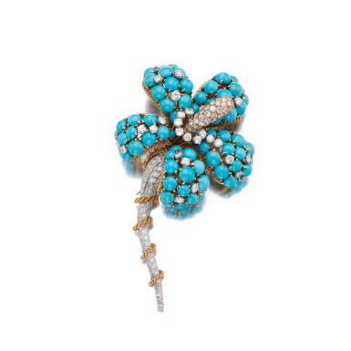 View full screen - View 1 of Lot 220. Gold, Turquoise and Diamond Clip-Brooch.
