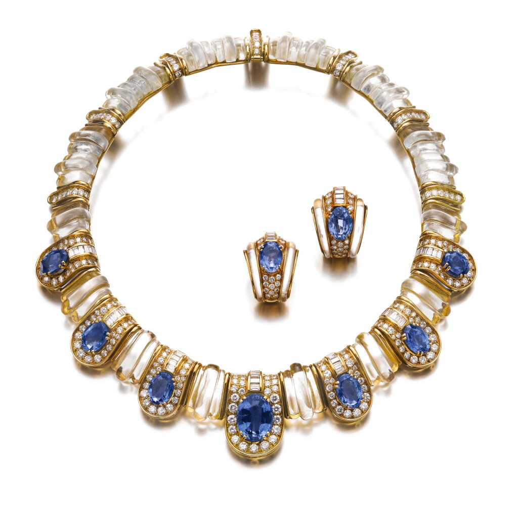 View full screen - View 1 of Lot 527. ROCK CRYSTAL, SAPPHIRE AND DIAMOND DEMI-PARURE, BOUCHERON, 1983.