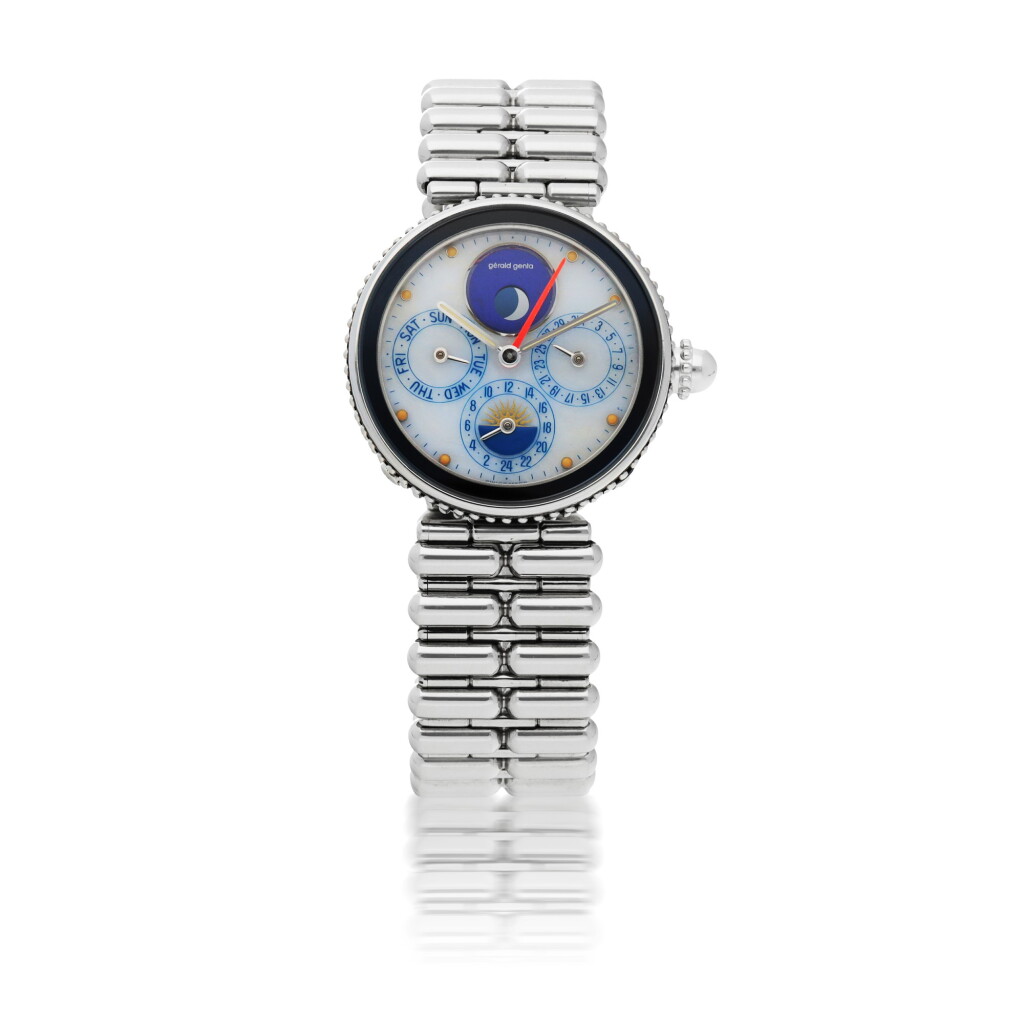 View full screen - View 1 of Lot 660. GERALD GENTA | GEFICA, REF G27967 STAINLESS STEEL AND LAPIS LAZULI DUAL TIME WRISTWATCH WITH DAY, DATE, MOON PHASES, DAY/NIGHT INDICATION AND BRACELET CIRCA 2000.