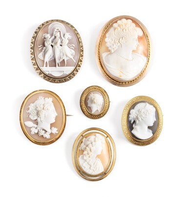 View full screen - View 1 of Lot 362. Five shell cameo brooches and one agate cameo brooch.