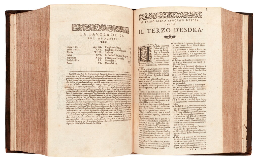 View full screen - View 1 of Lot 68. Bible, Italian, translated by Diodati, Geneva, 1607, later calf.