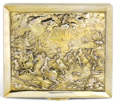 View full screen - View 1 of Lot 111. A CONTINENTAL SILVER-GILT TOILET BOX, INSET WITH A 17TH CENTURY NETHERLANDISH PLAQUETTE.