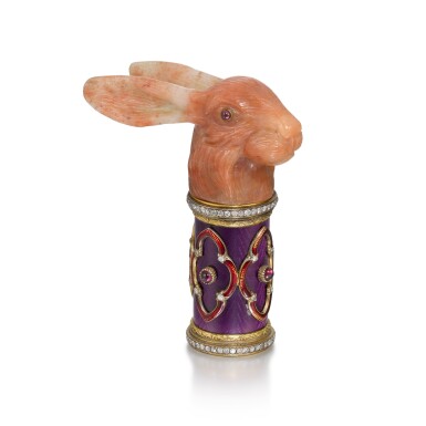 View full screen - View 1 of Lot 457. A Fabergé jewelled silver-mounted agate and enamel parasol handle, workmaster Edward Schramm, St Petersburg, 1908-1917.