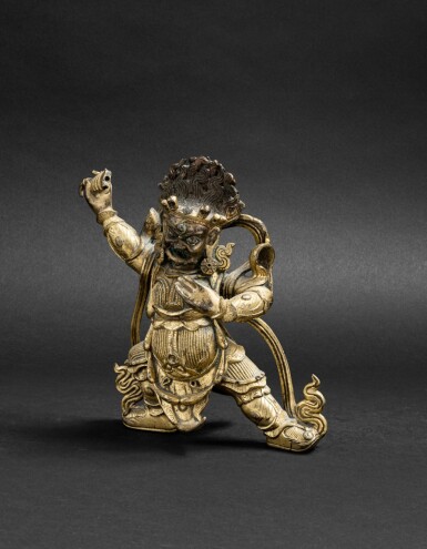 View full screen - View 1 of Lot 47. Figure de Begtse en bronze doré Dynastie Qing, XVIIIE siècle | 清十八世紀 鎏金銅大紅司命主立像 | A git-bronze figure of Begtse, Qing Dynasty, 18th century.
