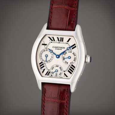 View full screen - View 1 of Lot 403. Reference 2540 Tortue Collection Privée Cartier Paris | A white gold automatic tonneau shaped perpetual calendar wristwatch with leap year indication, Circa 2005.