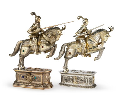 View full screen - View 1 of Lot 242. Two German Parcel-Gilt Silver and Cabochon-Mounted Jousting Knights, Mid 20th Century.