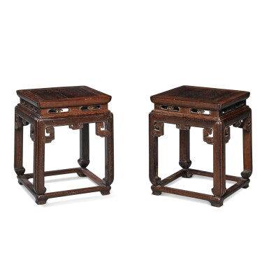 View full screen - View 1 of Lot 280. A pair of 'tielimu' square stools (Fangdeng), Qing dynasty, 18th - 19th century.
