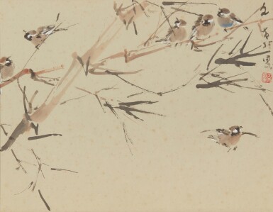 View full screen - View 1 of Lot 2020. Chen Wen Hsi 陳文希 | Sparrows on bamboo branches 竹枝上的麻雀.