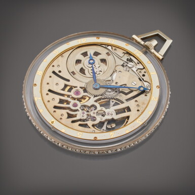 View full screen - View 1 of Lot 486. A platinum, rock crystal, enamel, and diamond-set skeletonized watch, Circa 1925.