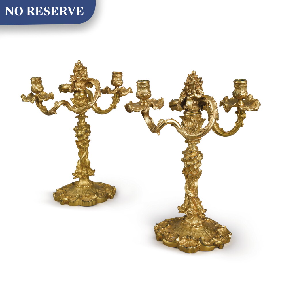View full screen - View 1 of Lot 44. A PAIR OF WILLIAM IV GILT BRONZE TWO-LIGHT CANDELABRA, CIRCA 1835.