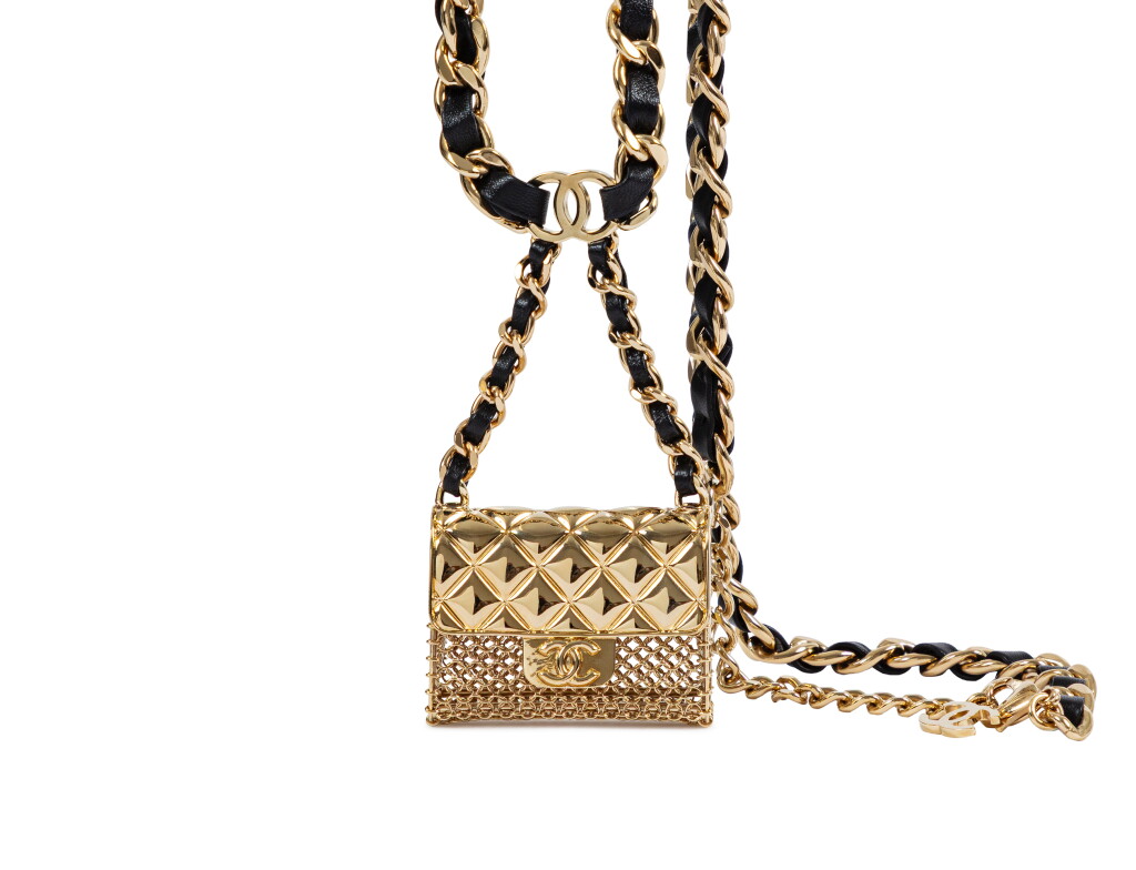 View full screen - View 1 of Lot 602. Gold Micro Matelassé Chain Flap Bag Necklace, Spring 2021.