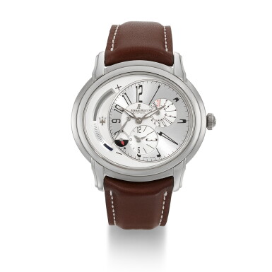 View full screen - View 1 of Lot 953. AUDEMARS PIGUET | MILLENARY MASERATI ANNIVERSARY REFERENCE 26150ST.OO.D084CUU.01 STAINLESS STEEL AUTOMATIC DUAL TIME CALENDAR WRISTWATCH CIRCA 2008.