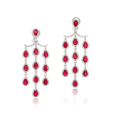 View full screen - View 1 of Lot 87. Pair of Ruby and Diamond Pendent Earrings .