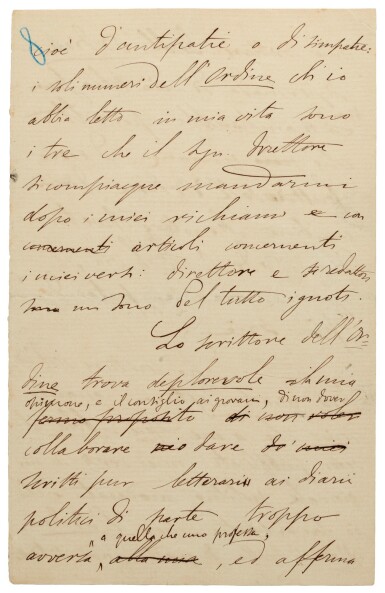 View full screen - View 1 of Lot 16. G. Carducci. Autograph manuscript of his essay on copyright, "Per l'ordine e contro l'Ordine", 1881.