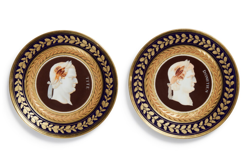 View full screen - View 1 of Lot 116. Two Paris (Darte) Porcelain Roman Emperor Cameo Plates, Titus and Domitian, Circa 1820.