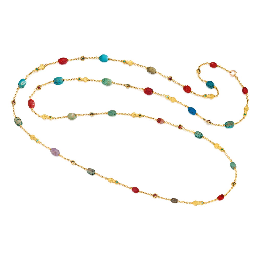View full screen - View 1 of Lot 210. Wièse | Egyptian-Revival Gold and Hardstone Longchain, France.