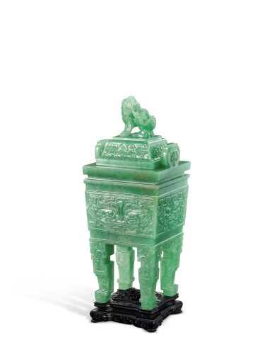 View full screen - View 1 of Lot 3739. A jadeite archaistic incense burner and cover, Qing dynasty, 19th century | 清十九世紀 翠玉仿古獅鈕蓋爐.