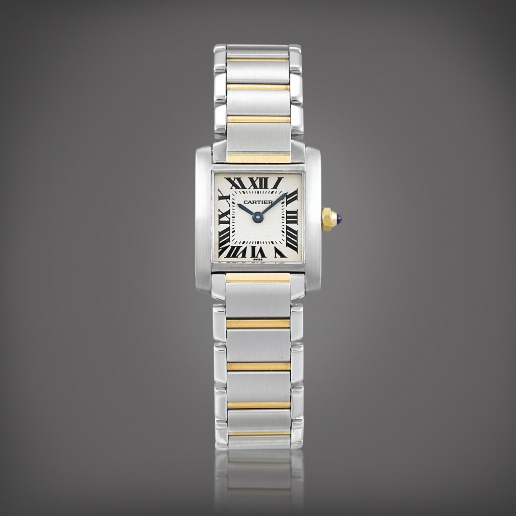 View full screen - View 1 of Lot 757. Tank Française, Reference 2300 | A yellow gold and stainless steel wristwatch with bracelet, Circa 1997 | 卡地亞 | Tank Française 型號2300 | 黃金及精鋼鏈帶腕錶,約1997年製.