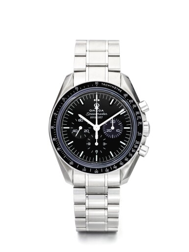 View full screen - View 1 of Lot 7. OMEGA | SPEEDMASTER 50TH ANNIVERSARY, A LIMITED EDITION STAINLESS STEEL CHRONOGRAPH WRISTWATCH WITH REGISTERS AND BRACELET CIRCA 2007.