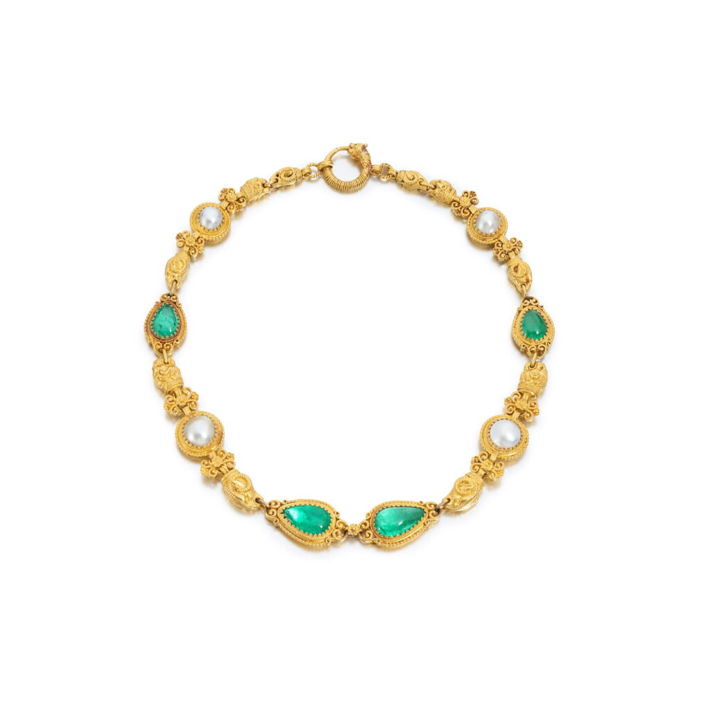 View full screen - View 1 of Lot 507. Gold, emerald and blister pearl necklace, circa 1890.