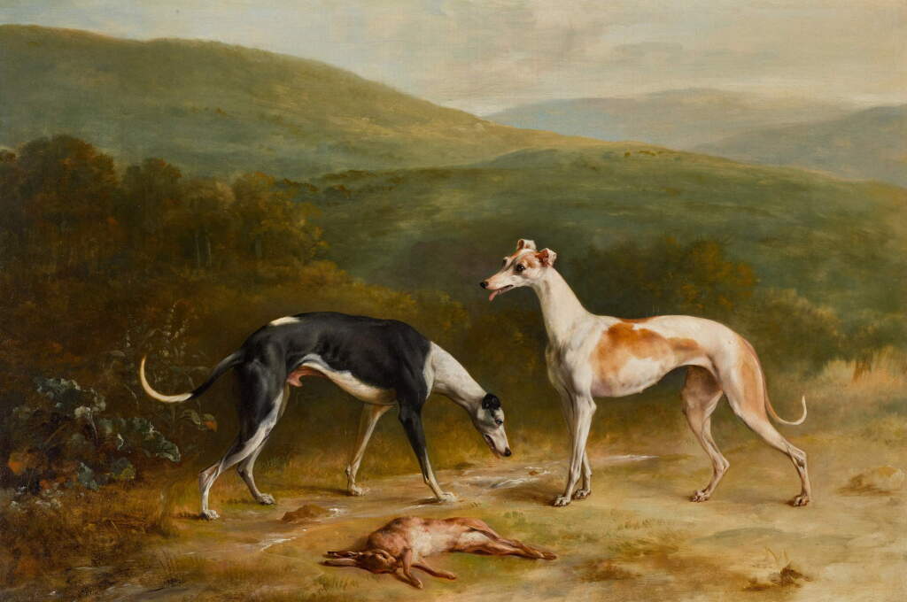 View full screen - View 1 of Lot 134. A pair of greyhounds in a landscape.