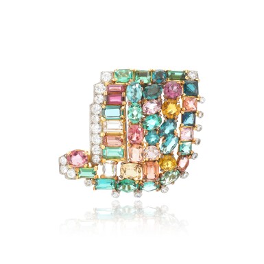 View full screen - View 1 of Lot 515. Gem set and diamond brooch, ‘Palmette’, circa 1936.