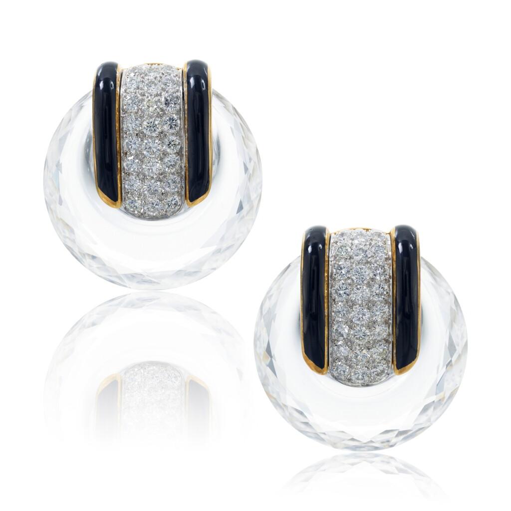 View full screen - View 1 of Lot 992. Pair of Rock Crystal, Enamel and Diamond Earclips.