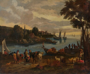 View full screen - View 1 of Lot 1080. River landscape with villagers and livestock.