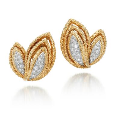 View full screen - View 1 of Lot 8. PAIR OF GOLD AND DIAMOND EAR CLIPS | VAN CLEEF & ARPELS, 1970S.