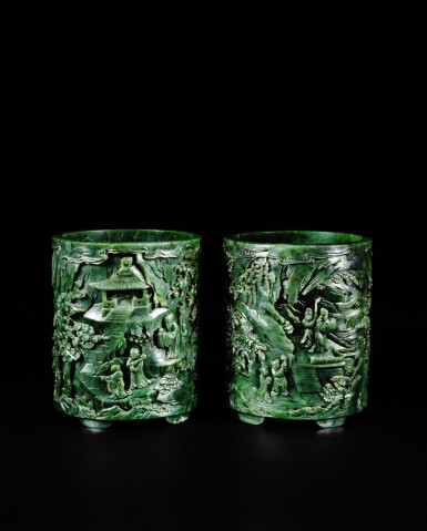 View full screen - View 1 of Lot 223. A pair of spinach-green jade 'Immortals of Mount Fantong' brushpots, Qing dynasty, Qianlong period | 清乾隆 碧玉「樊桐仙侶」筆筒一對.