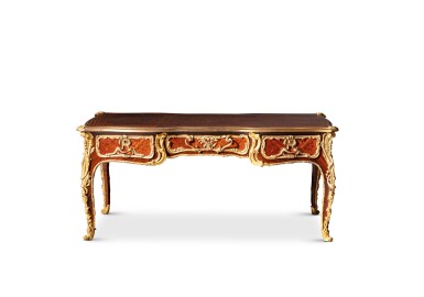 View full screen - View 1 of Lot 39. A Louis XV style gilt-bronze mounted kingwood and rosewood bureau plat after Jacques Dubois, vers 1885 | Bureau plat de style Louis XV en bois de violette et palissandre, montures de bronze doré, d'après Jacques Dubois, vers 1885.