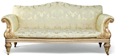View full screen - View 1 of Lot 67. A WILLIAM IV WHITE PAINTED PARCEL-GILT SOFA, CIRCA 1835.