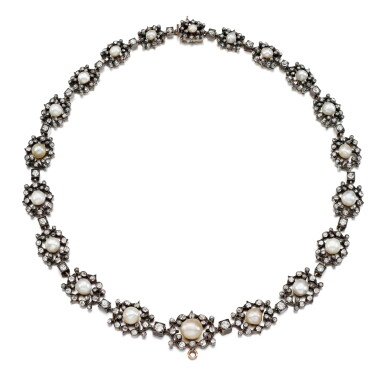 View full screen - View 1 of Lot 223. A natural pearl and diamond necklace, circa 1890.