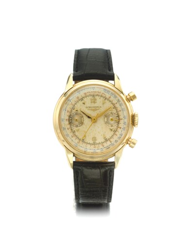 View full screen - View 1 of Lot 164. LONGINES | REF 5965, A YELLOW GOLD CHRONOGRAPH WRISTWATCH WITH REGISTERS CIRCA 1950.