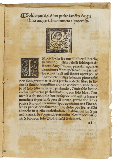 View full screen - View 1 of Lot 27. Augustinus, Soliloquia (Italian), Florence, 1496, later limp vellum.