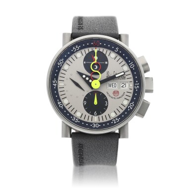 View full screen - View 1 of Lot 8099. Krono Bauhaus | A limited edition titanium chronograph wristwatch with day and date, Circa 2000 | Krono Bauhaus | 限量版鈦金屬計時腕錶,備日期及星期顯示,約2000年製.